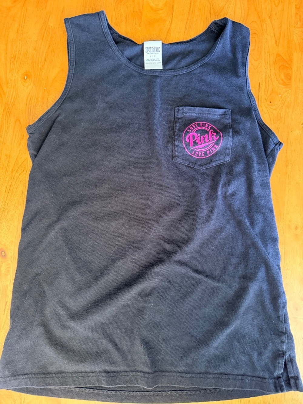 Victoria's Secret PINK Black Tank Top Pink Logo Graphic Pocket Small 640